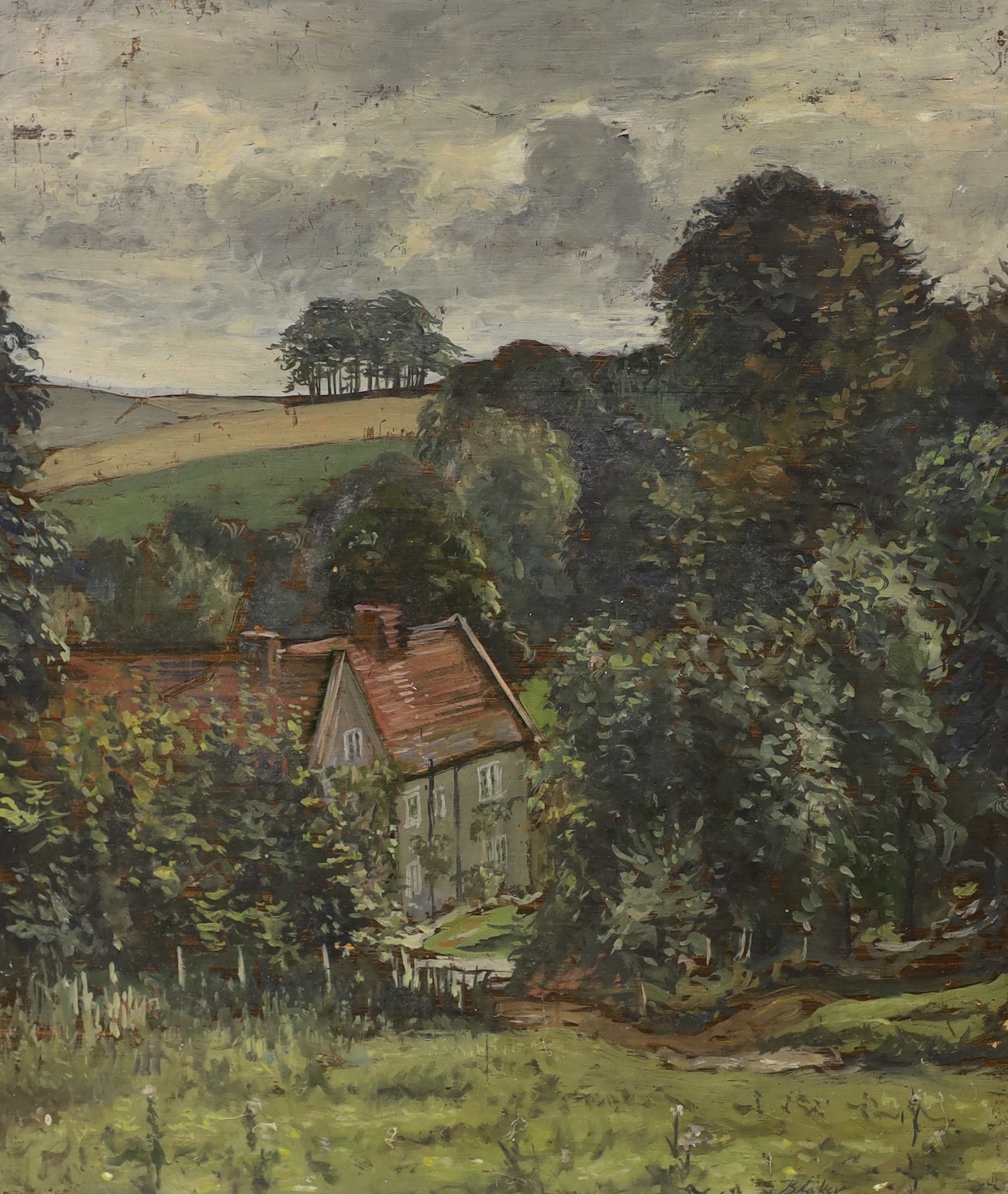 Michael Blaker (1928-2018), oil on wooden panel, House in a landscape, signed, 52 x 45cm, unframed
